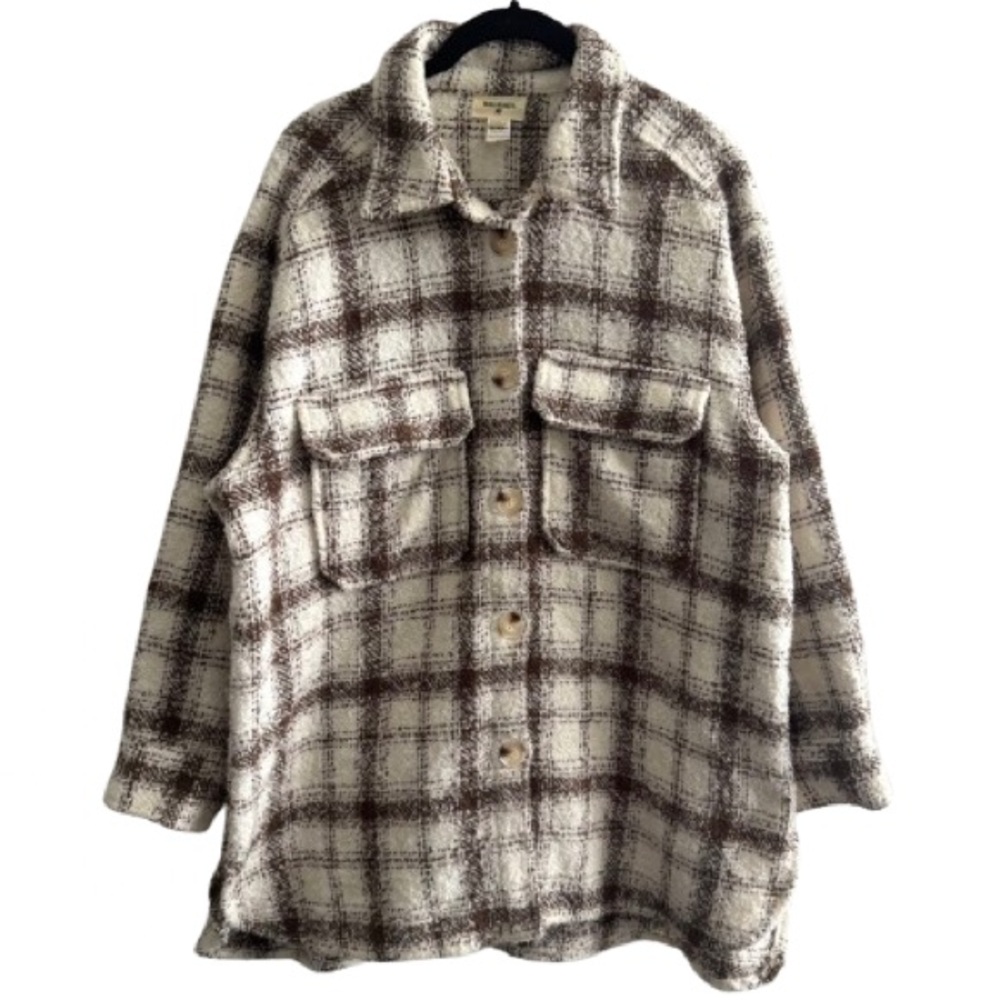 World Market Ivory Brown Plaid Boucle Shacket With Pockets Shirt Jacket Boho